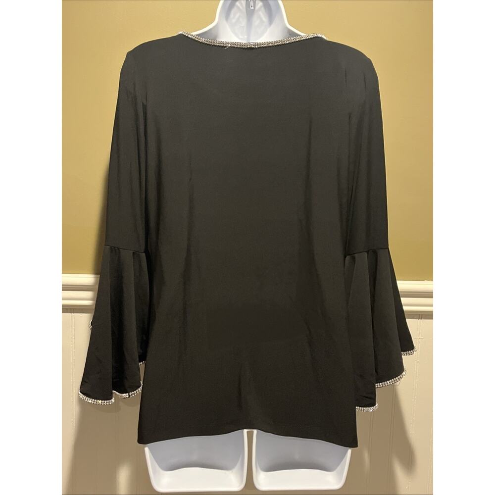 Chaus Black Crystal Embellished Blouse 3/4 Bell Sleeve Top M - Picture 6 of 7